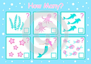 Childrens educational logic game. mathematical task. Mermaid and undersea world. How many. Vector illustration