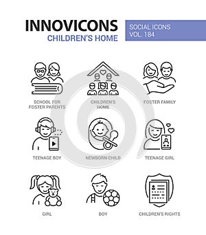 Childrens home and adoption - line design style icons set