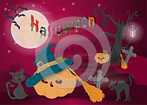Childrens_7_illustration of all saints eve holiday, Halloween, night dark purple background with moon and scary tree
