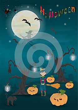 Childrens 17 illustration of all saints eve holiday, Halloween, night dark blue background with moon and scary tree