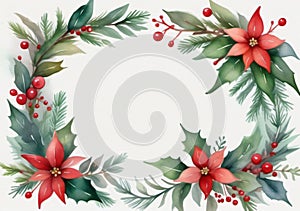 Childrens Illustration Of Christmas Floral Frame. Winter Greenery Border Png. Holiday Greeting Card Template. Hand . Generative AI