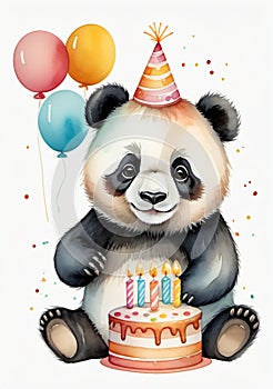 Childrens Illustration Of Cute Panda Bear With A Birthday Cake In Watercolor Desgin Isolated Against White Backgrou. Generative AI