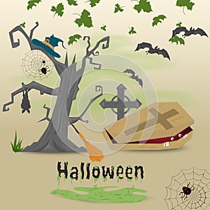 Childrens illustration in the flat style, the theme of the eve of all saints day, Halloween party, scary tree, a coffin with a