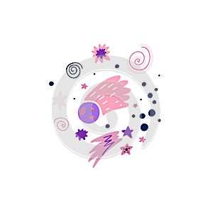 Childrens illustration of a meteorite, shooting star, stars and curls on a white background. Cosmic luminaries. Galaxy photo