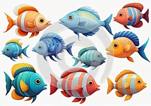 Childrens Illustration Of Sea Fish, Collection, Set, Isolated On A White Background Multicolored Sea Fish. Generative AI