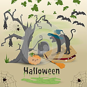 Childrens illustration in the style of flat, on the eve of all saints day, Halloween, scary tree, a cat in a witch hat stands on a
