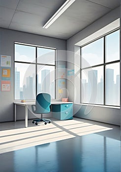 Childrens Illustration Of Stylish Empty Office Interior With Light Concrete Floor And Panoramic Window. Generative AI