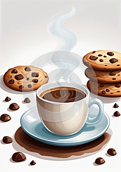 Childrens Illustration Of White Background, Cup Of Steaming Hot Coffee And Chocolate Chip Cookies Filled With Choco. Generative AI