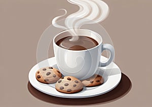 Childrens Illustration Of White Background, Cup Of Steaming Hot Coffee And Chocolate Chip Cookies Filled With Choco. Generative AI