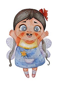 Childrens illustrations. A cute and smiling little fairy girl with a haircut and a red bow, with wings and a magic wand