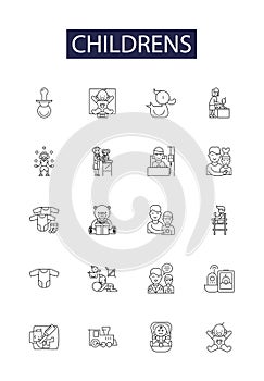 Childrens line vector icons and signs. Toddlers, Infants, Peers, Nursery, Playful, School-age, Adolescents, Achievement