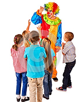 Childrens party entertainers. Birthday child clown playing with children.