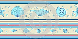 Childrens pattern. Marine seamless horizontal pattern with stripes of different colors. Seashells with water bubbles.