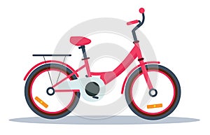 Childrens pink bike. Vector cartoon illustration isolated on white background.