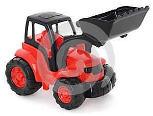 Childrens plastic toy, Red-black bulldozer isolated on white