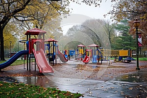 A childrens play area in a park, filled with kids playing, on a rainy day, A lively playground during a soft drizzle, AI Generated