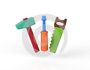 Childrens play toolkit with work tools. Hammer, saw, screwdriver.