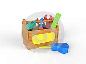 Childrens play toolkit with work tools isolated on white.