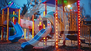 A childrens playground with brightly colored solarpowered lights illuminating the area at night. .