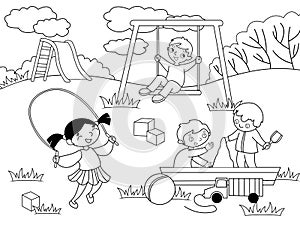 Childrens playground. Coloring and black and white coloring.