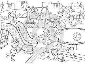 Childrens playground coloring. Vector illustration of black and white