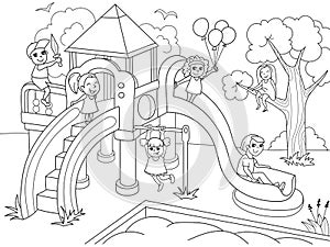 Childrens playground coloring. Vector illustration of black and white