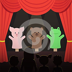 Childrens puppet theater performance with animals actors and kids audience vector illustration