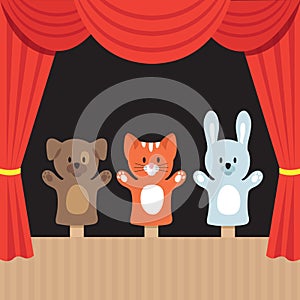 Childrens puppet theater scene with cute animals and red curtain. Cartoon vector illustration