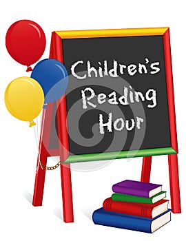 Childrens Reading Hour, Chalkboard Easel Sign, Balloons