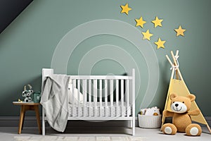 Childrens room mockup with a green wall background for versatile interior concepts