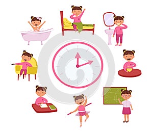 Childrens daily routine vector illustration. Cute cheerful girl wakes up and brushing teeth, studying at school