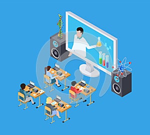 Childrens science experiment. Isometric chemistry lesson for kids. Online education vector concept