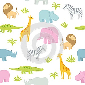 Childrens seamless pattern African animals. Cute lion, baby elephant, giraffe, hippo, zebra and crocodile