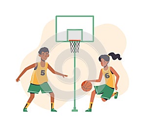 Childrens sports basketball. Flat design concept with funny kids playing ball. isolated on white background. Vector