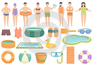 Childrens swimming pool icons set cartoon vector. Activity swimwear