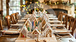 A childrens table covered in craft paper and crayons with homemade gingerbread houses and handdecorated sugar cookies as photo