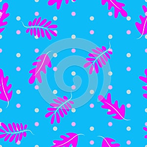 Childrens texture. . Leaves seamless pattern. Bright trendy leaf tones in a contemporary style. On a bright blue background with