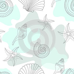 Childrens texture. Sea shells and stains. Starfish. Patterned in shades of turquoise colors. Seamless vector pattern.