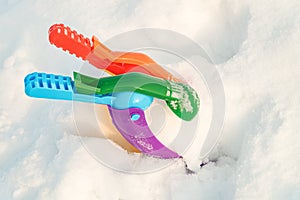 Childrens toy for making and thrower snowballs lies on a snow