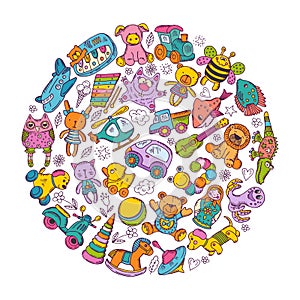 Childrens toys icon set in circle shape. Doodle vector illustrations