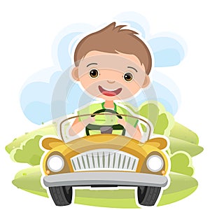 Childrens trip in a small car. Kid drives a pedal or electric toy automobile. Hills. Cartoon illustration. Isolated
