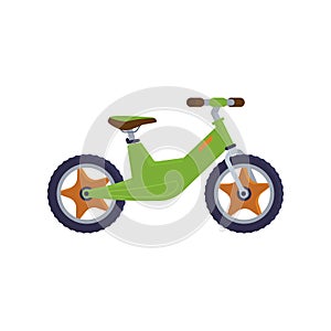 Childrens two-wheeled kick-bike cartoon flat vector illustration isolated.