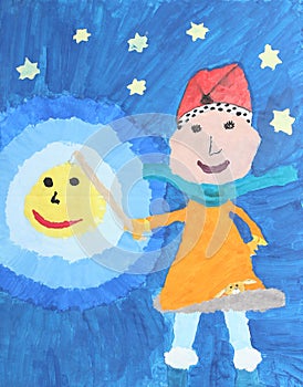 Childrens watercolor painting: girl with lantern