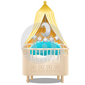 Childrens wooden four-poster bed isolated on white background. Vector cartoon close-up illustration.