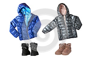 Childrenâ€™s winter jackets and boots. A collage set of children