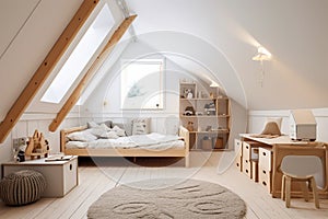 Childs bedroom in a loft conversion bright play space wooden bed shelving with table and chair large dormer window Generative AI