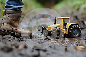 childs boot stepping next to stuck toy tractor in mud