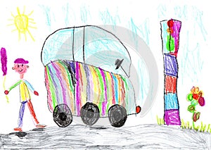 Childs drawing of a happy boy for a walk outdoors and a car
