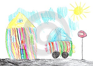 Childs drawing of a happy boy for a walk outdoors and a car