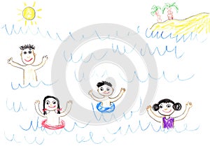 Childs drawing happy family in sea
